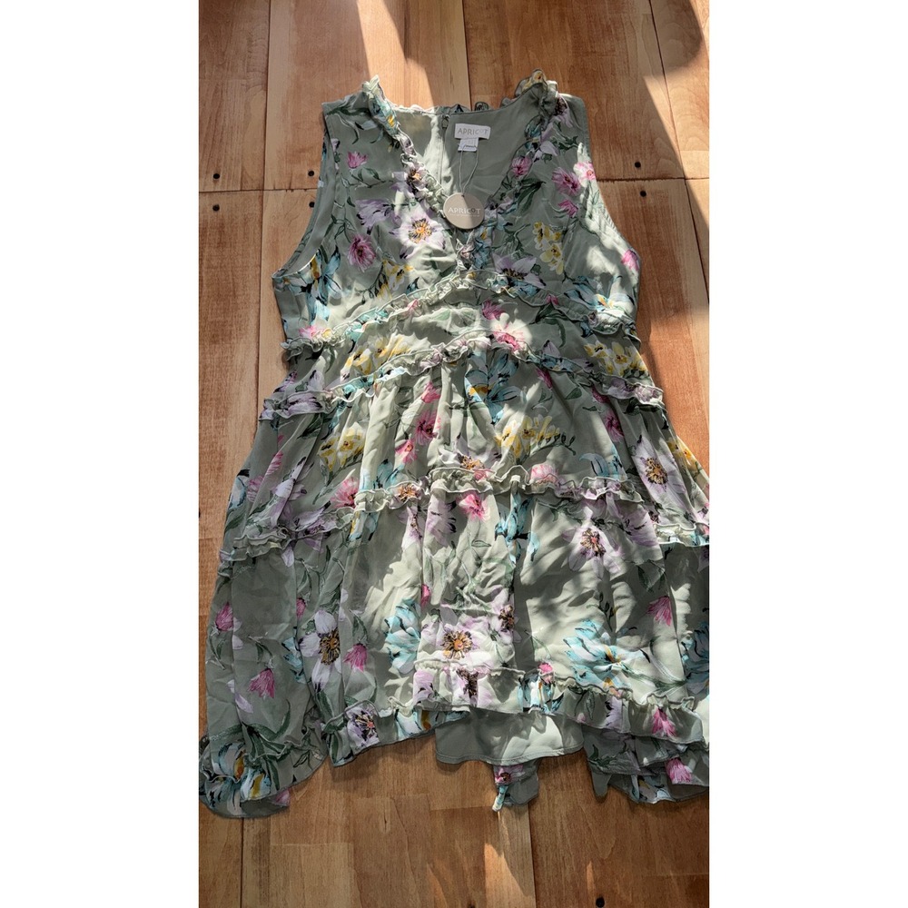 Apricot Sage Green Floral‎ Tiered Ruffle Sleeveless Mini Dress US 10 NWT